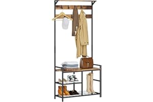 HOMEKOKO Coat Rack Shoe Bench, Hall Tree Entryway Storage Bench, Wood Look Accent Furniture with Metal Frame, 3-in-1 Design (