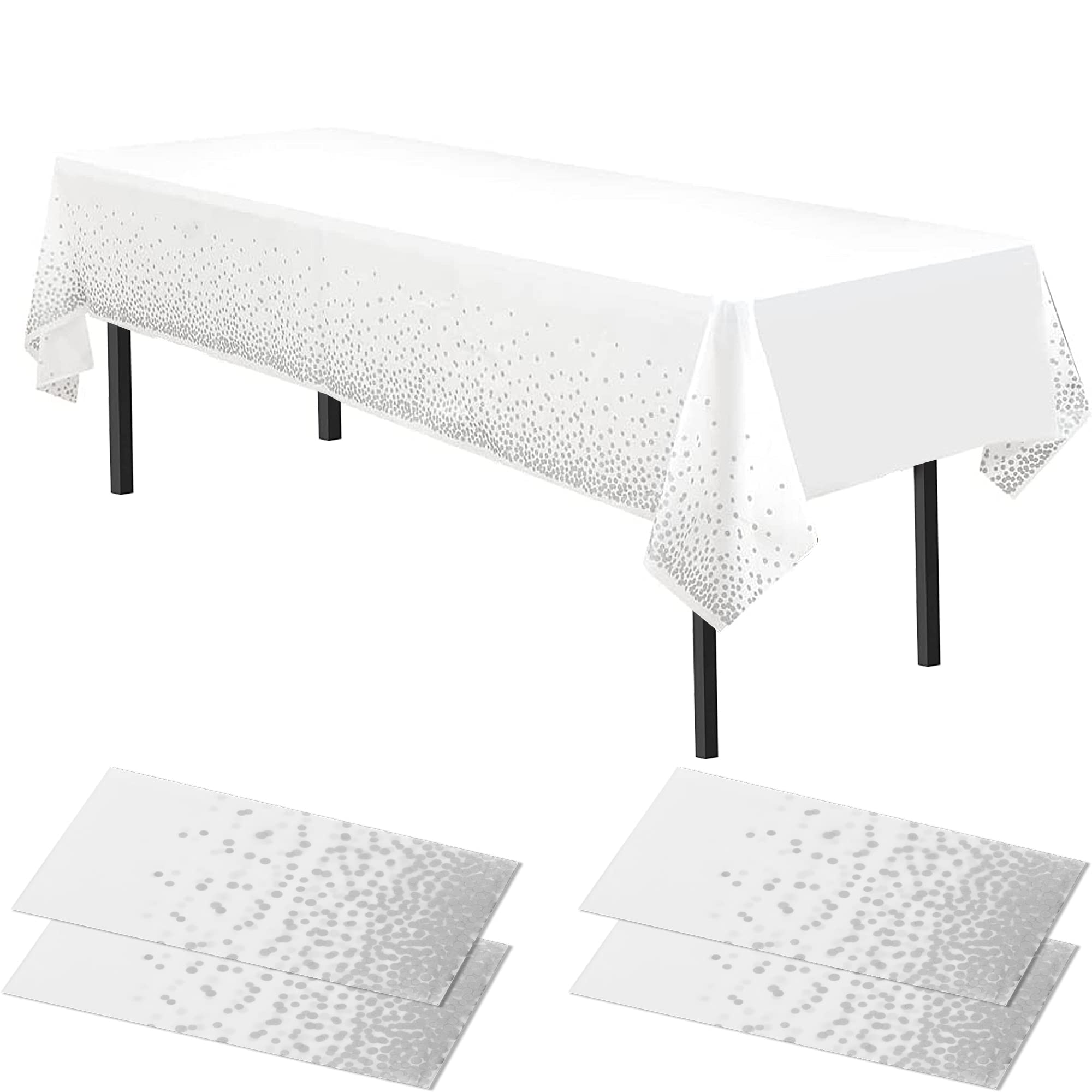 Time to Sparkle 4 Pack Plastic Tablecloths 54" x 108" Plastic Dining Table Cloth Premium Rectangle Table Cover for Parties Wedding Banquet etc Indoor Or Outdoor(White Silver)