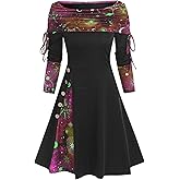 DRESSFO Womens Boho Knit Sweater Dress Long Sleeve Off Shoulder Button Sweatshirt Colorblock A Line Winter Dress