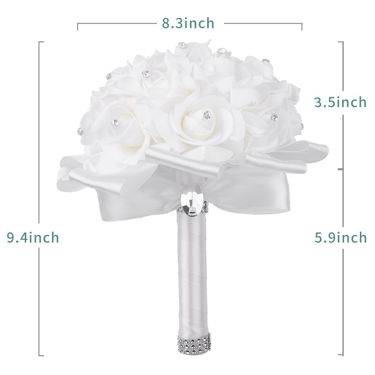TrueLoveGift Wedding Bouquet, White Bouquet for Bride Bridesmaids with Diamond Soft Ribbons Artificial Rose Bridal Holding Flowers for Wedding, Party and Church