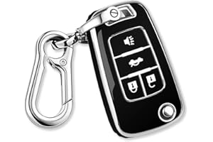 QBUC for Chevy Key Fob Cover With Keychain Chrome Trim Soft TPU Compatible with 2010-2019 Chevrolet Chevy Equinox Malibu Impala Cruze Sonic 4 Button(Chrome Trim Black)