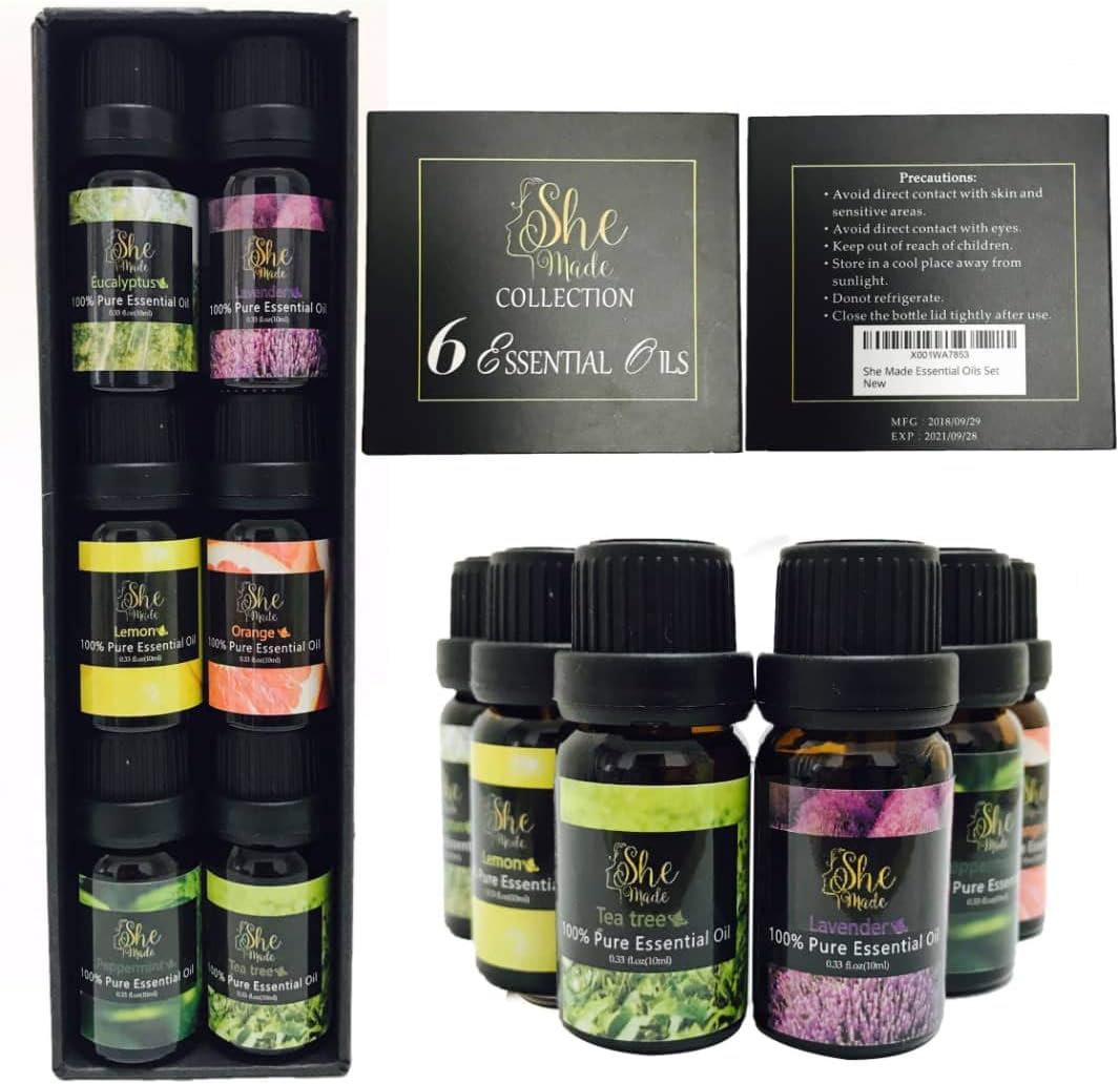 Aromatherapy Essential Oils Set of 6-Lavender,Eucalyptus,Tea Tree, Peppermint,Orange and Lemon,Diffuser Oils,Essential Oil Set