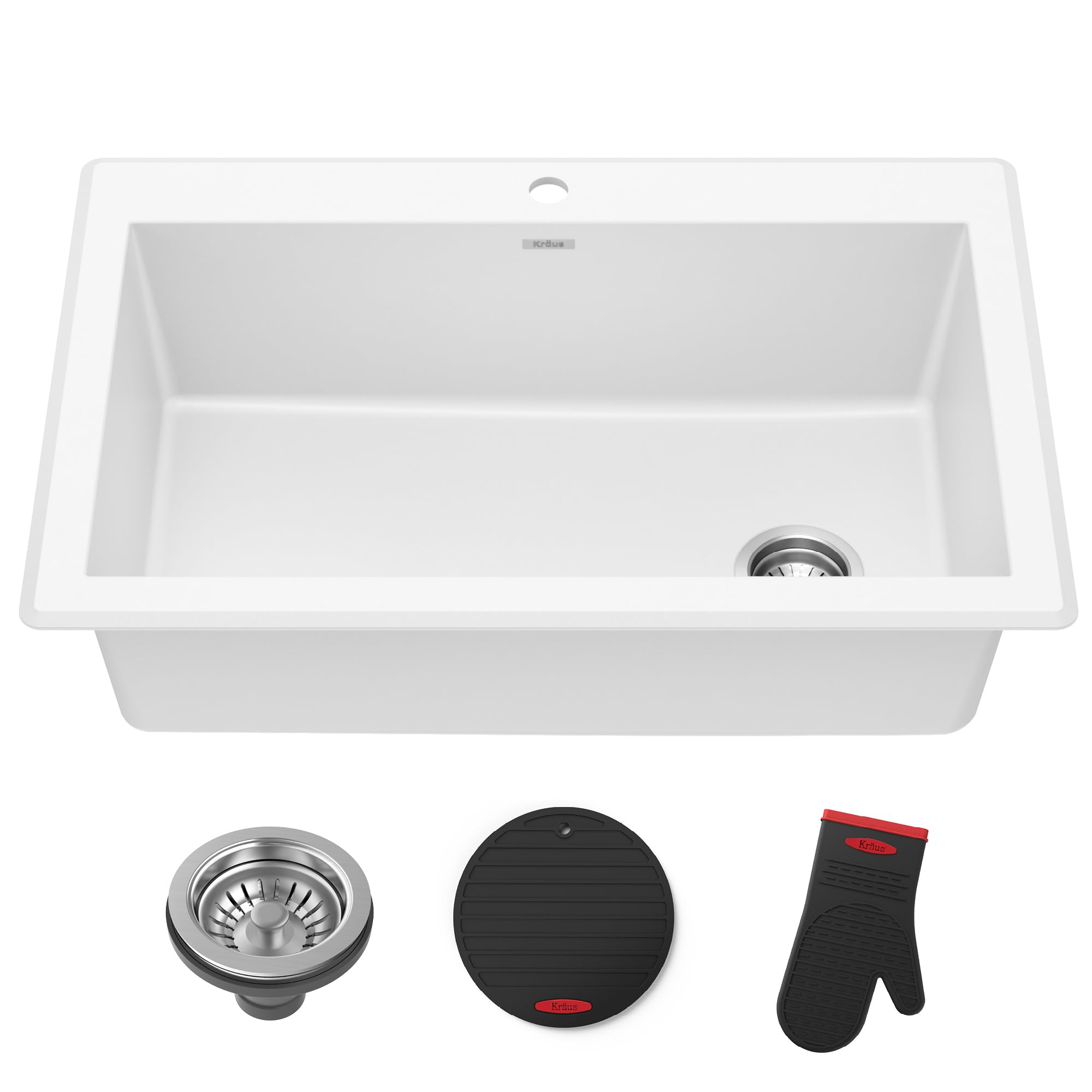 KRAUS Forteza 33-inch Granite Drop In/Undermount Single Bowl White Kitchen Sink, KGD-54WHITE Image KRAUS Forteza 33-inch Granite Drop In/Undermount Single Bowl White Kitchen Sink, KGD-54WHITE Image