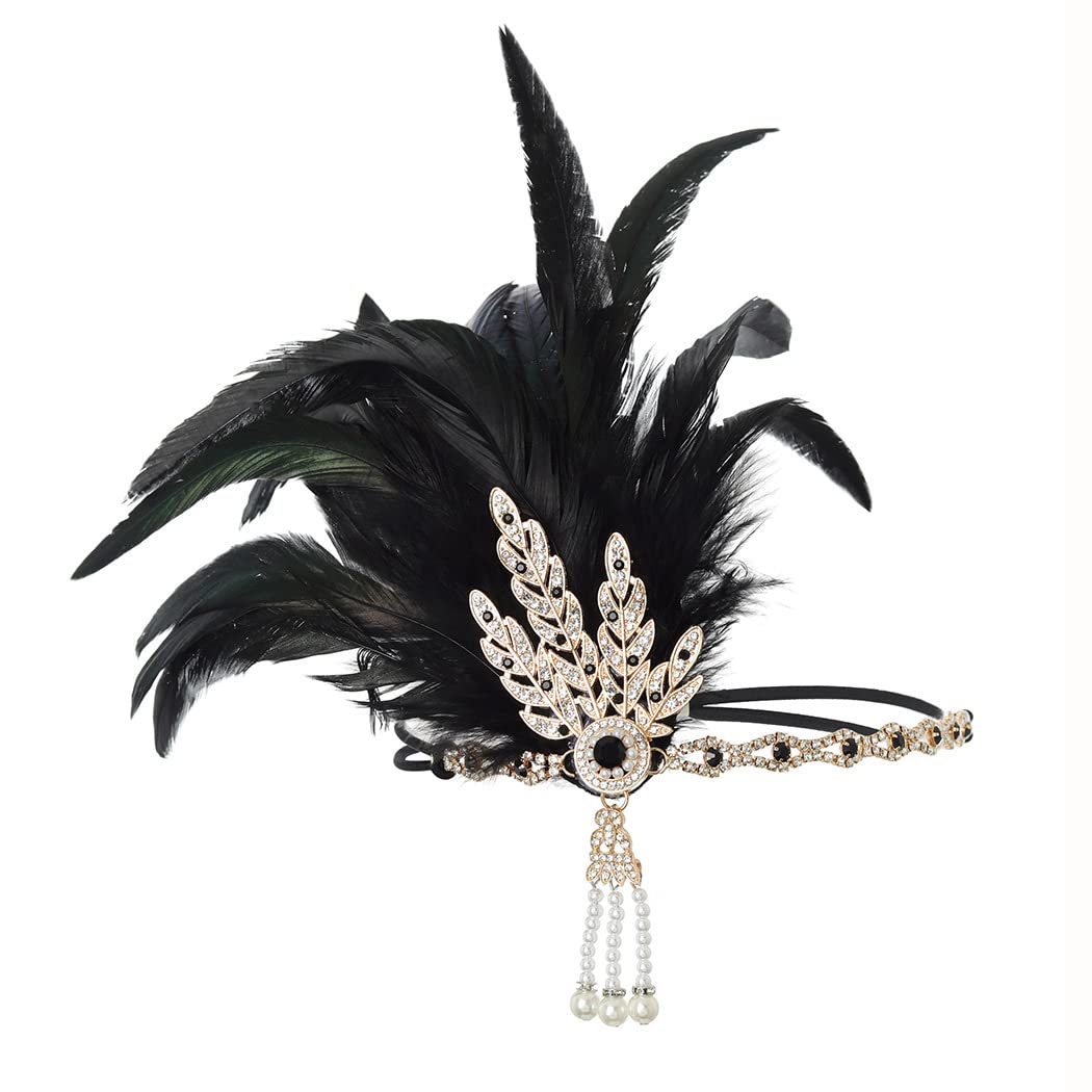 IYOU 1920s Gatsby Headpiece Black Crystal Flapper Headband Feather Festival Wedding Hair Bands for Women Wedding