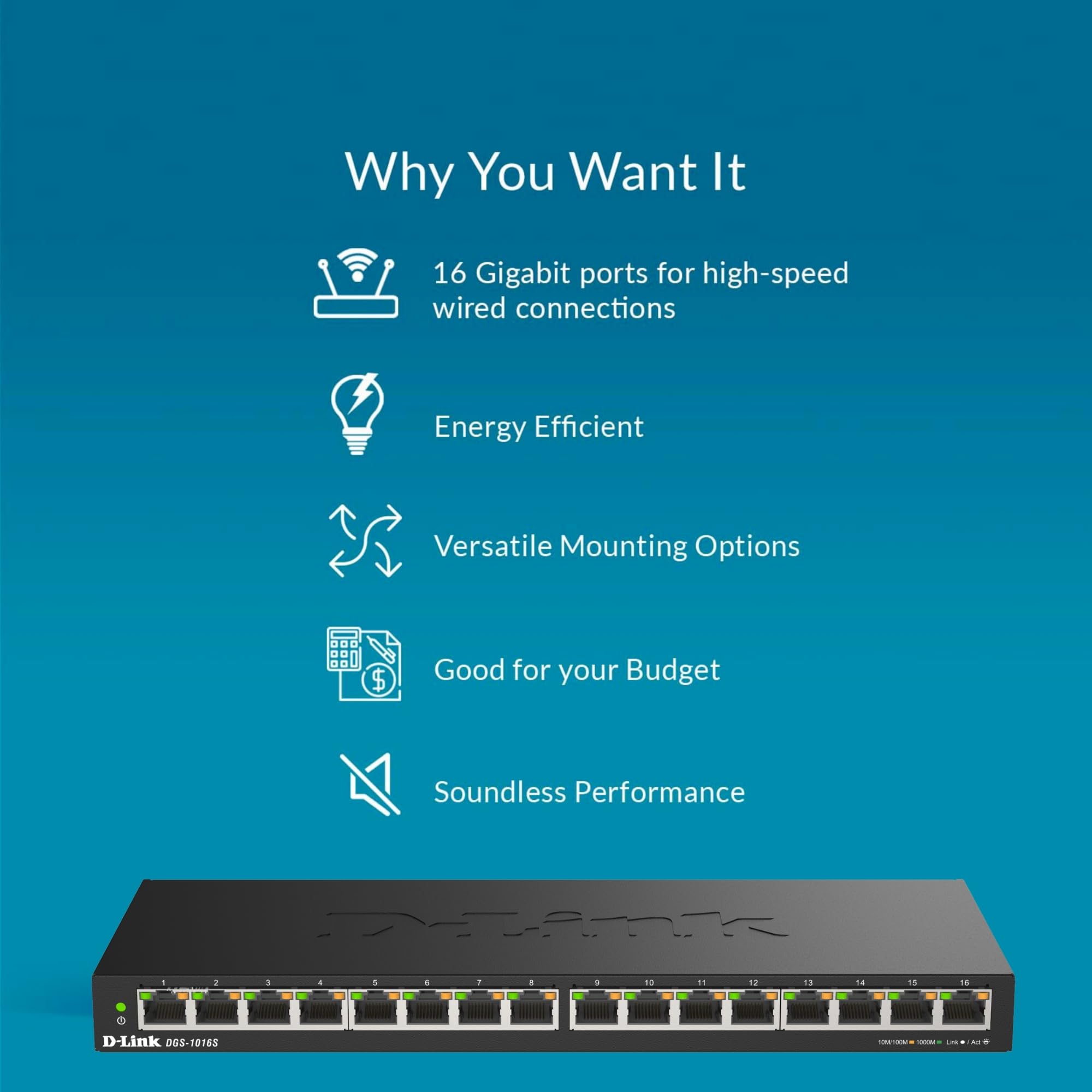 D-Link DGS-1016S 16-Port Unmanaged Gigabit Switch (ohne Lüfter, Low Profile Metallgehäuse, Desktop / Wandmontage, Plug-and-Play, 802.1p QoS, 802.3az EEE), schwarz 2