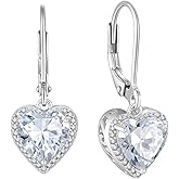 Lwsary Heart Dangle Drop Earrings 925 Sterling Silver Halo Solitaire Leverback Earrings Birthstone Jewelry for Women