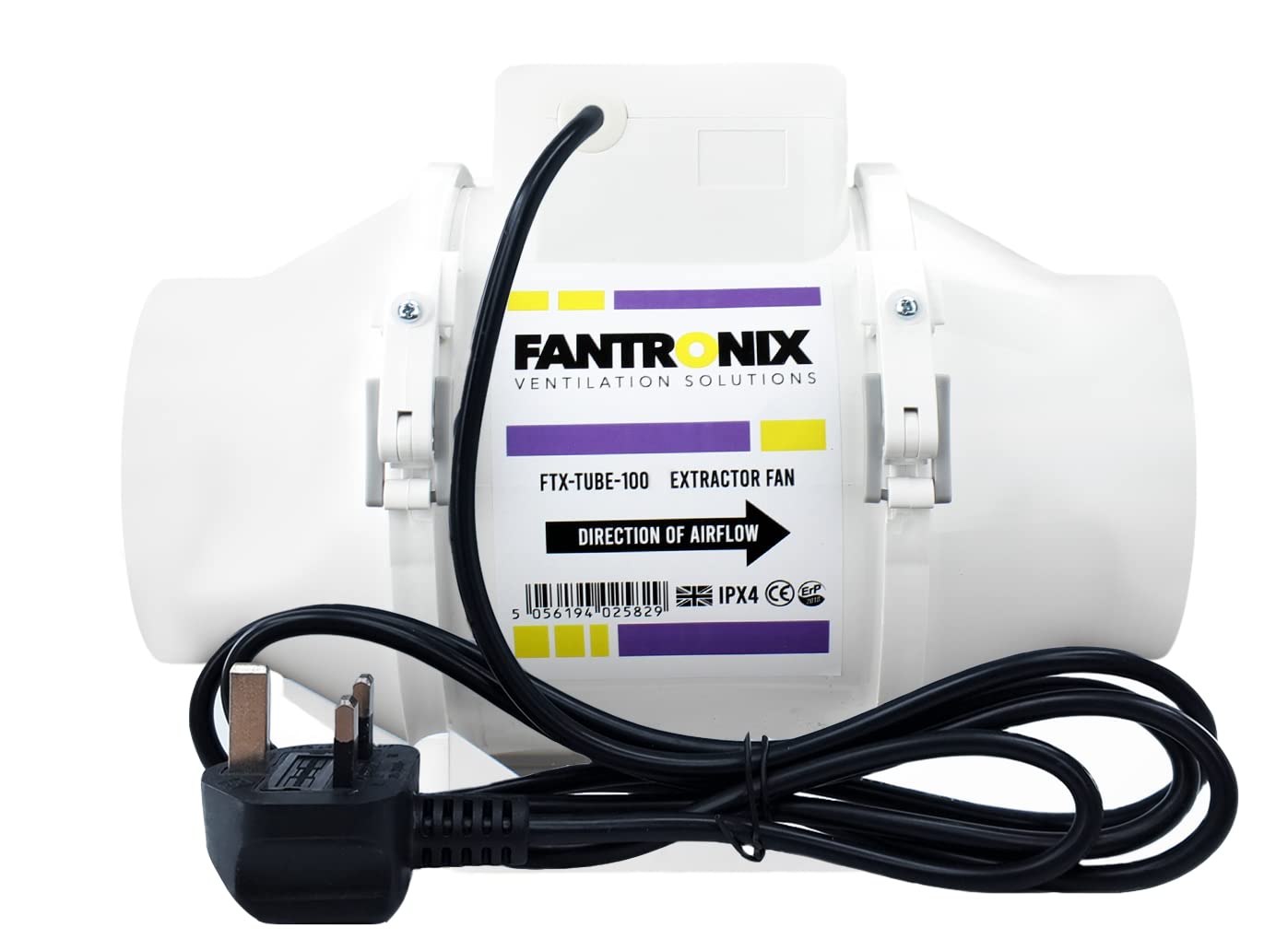 Fantronix 100 mm (4”) Inline Extractor Fan with UK Plug – Powerful Bathroom & Grow Room Ventilation Fan, Energy Class E