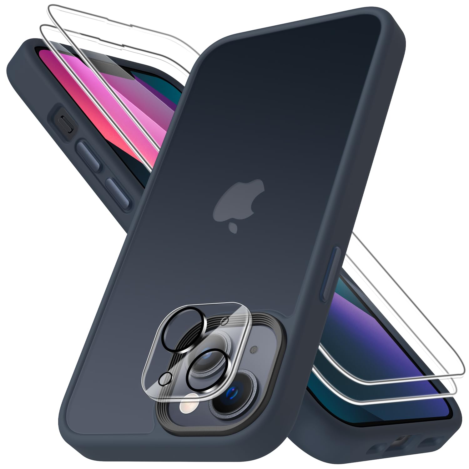 Mootobo for iPhone 13 Case, 4 in 1 [Mil-Grade Shockproof Defense] with 2 Screen Protector+1 Lens Protector,Translucent Matte Back Slim Shockproof Phone Cover for iPhone 13 6.1 inch - Deep Blue