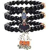 A-yeite 3Pcs Halloween Bracelets Ghost Pumpkin Cat Web Bat Charm Stretch Beaded Bracelets Set Black Beads Halloween Jewelry for Women Costume Party