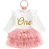 LYSINK Baby Girls My 1st Birthday Outfits One Fly Sleeve Floral Lace Romper + Tutu Skirt + Headband Set Cake Smash Outfit