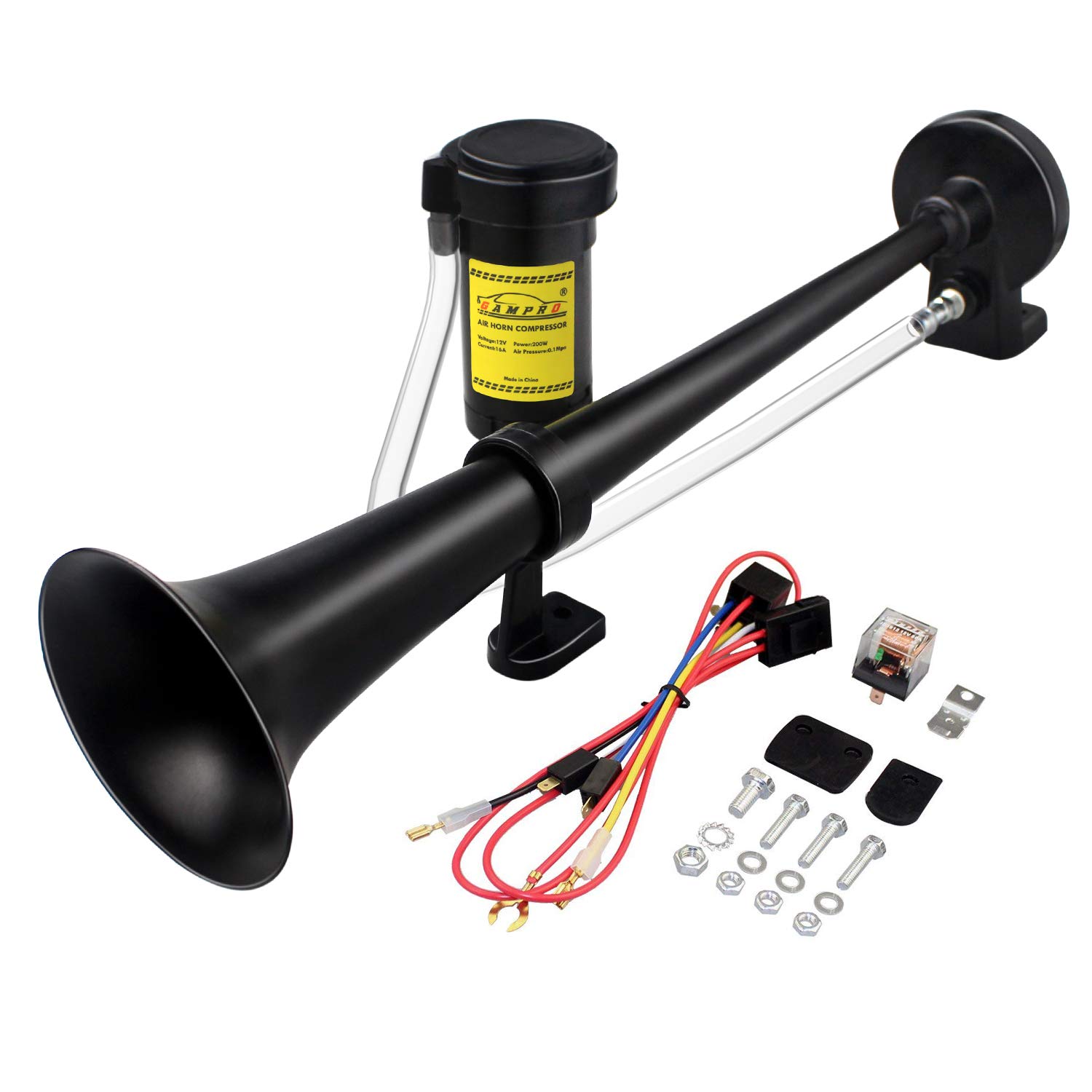 GAMPRO 12V 150db Air Horn, 45cm Chrome Zinc Single Trumpet Truck Air Horn with Compressor for Any 12V Vehicles Trucks Lorrys Trains Boats Cars (Black)