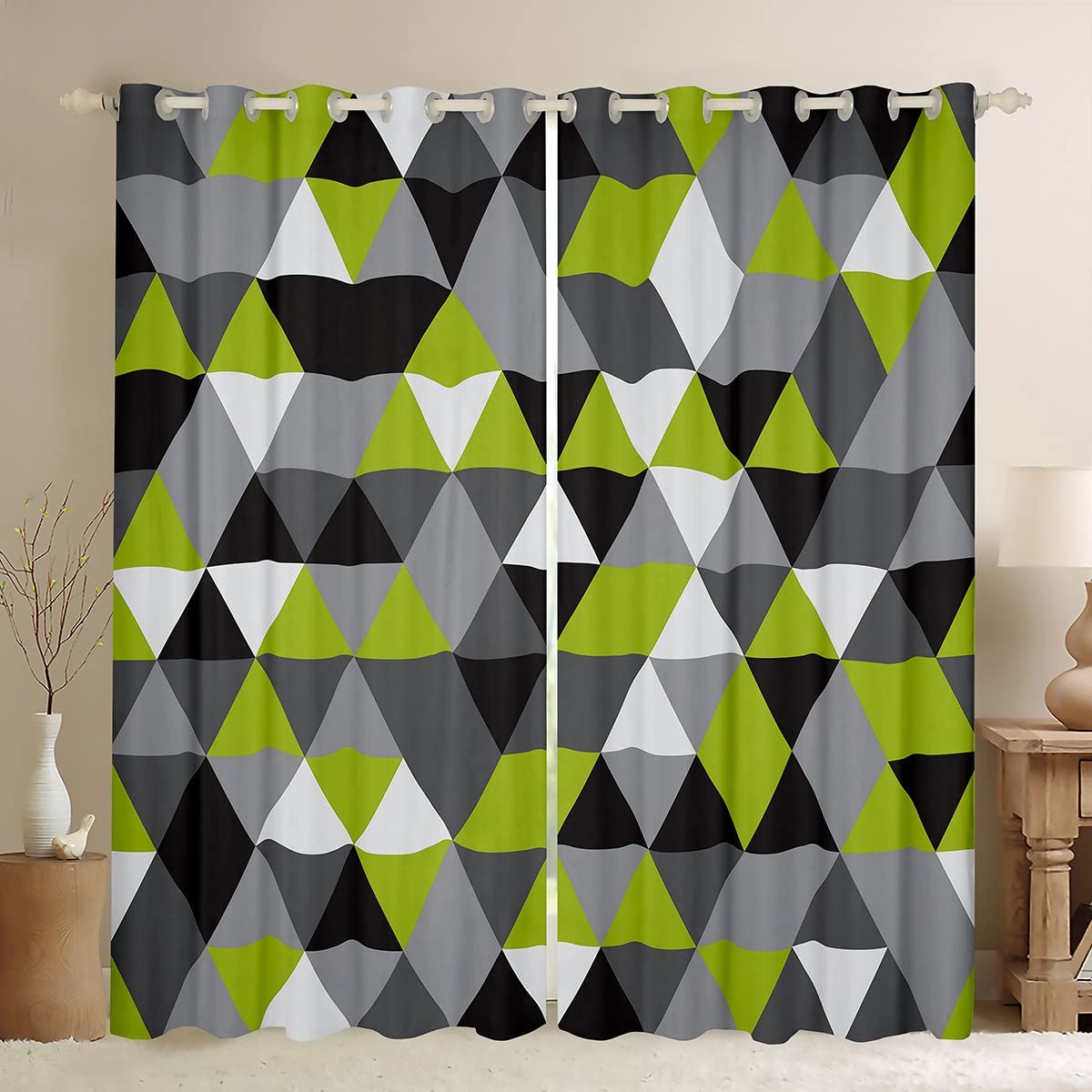 Black White Green Geometric Triangle Diamond 46x72 Window Curtains - Graphics - Bedroom, Modern Stylish Window Treatments - 2 Panels