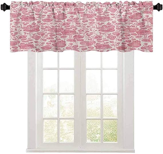 Coral Window valances, Vintage Pattern with Roses Gardening Plants