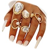 Douxsu Gold Chunky Stackable Baroque Pearl Rings Set for Women, Retro Irregular Round Oval Pearls Non Tarnish Knuckle Open Ring Fashion Party Jewelry Gifts