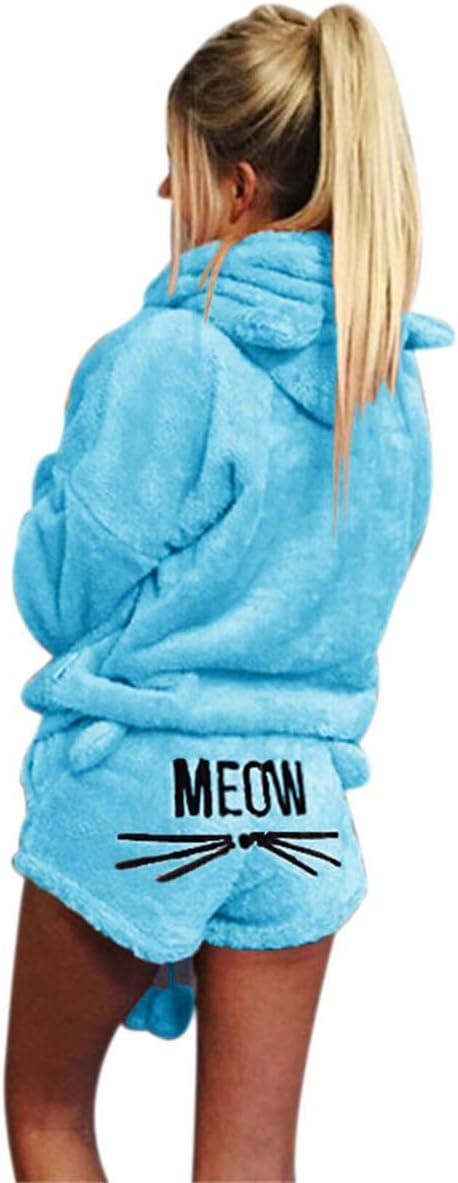 Women's Pajamas Cozy Sleepwear Fleece Meow Embroidered Hoodie Pj Set