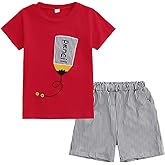 Arlubiya Kids Tween Boy Summer Casual Clothing Set Pencil-Embroidered T-Shirt + Black & White Striped Shorts