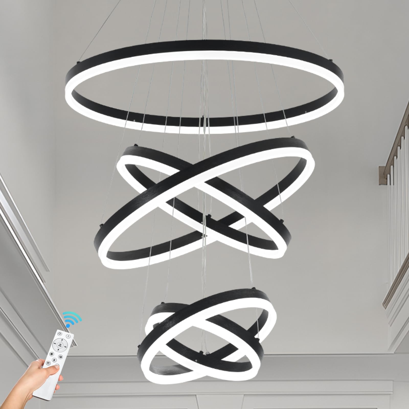 Photo 1 of AVIOLYX 5 Rings Modern LED Chandelier for Foyer, Black High Ceiling Chandeliers Dimmable Pendant Lighting with Remote Control for Dining Room Living Room Staircase(3000K-6500K D23.6)