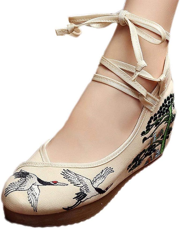 YIBLBOX Women's Traditional Strap Cloth Shoes Pine Crane Embroidery Strappy Platform Wedges Shoes