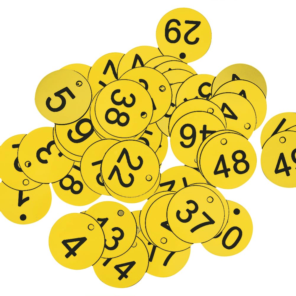 HugeDE 50 Pcs 1 to 50 Plastic Number Tags Round Engraved Numbered Tags ID Number Keychain Tags Marking Identification Hang Tags for Hotel Mailbox Gym Yellow