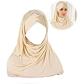 Fnjuucw Sequin Hijab Muslim Head Wrap, Solid Color Scarf Lightweight Long Adjustable Islamic Stretch Elastic Head Cover for Women (beige)