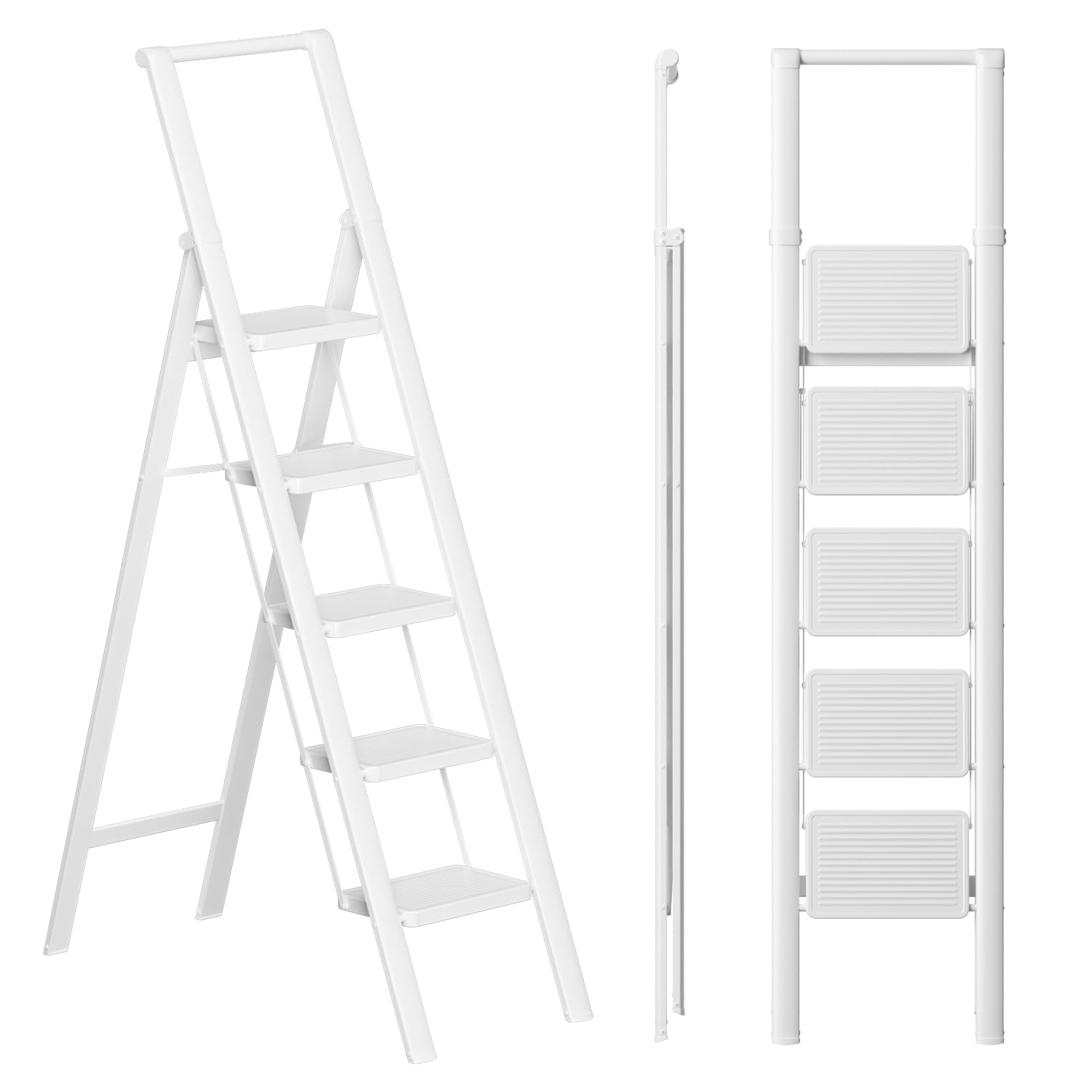 Photo 1 of SOLADDER 5 Step Ladder, Folding Step Stool, White Foldable Iron Ladder for 10 Foot High Ceiling with Anti-Slip Wide Sturdy Pedal and Handgrip, Multi-Use for Home (300 lbs Capacity)