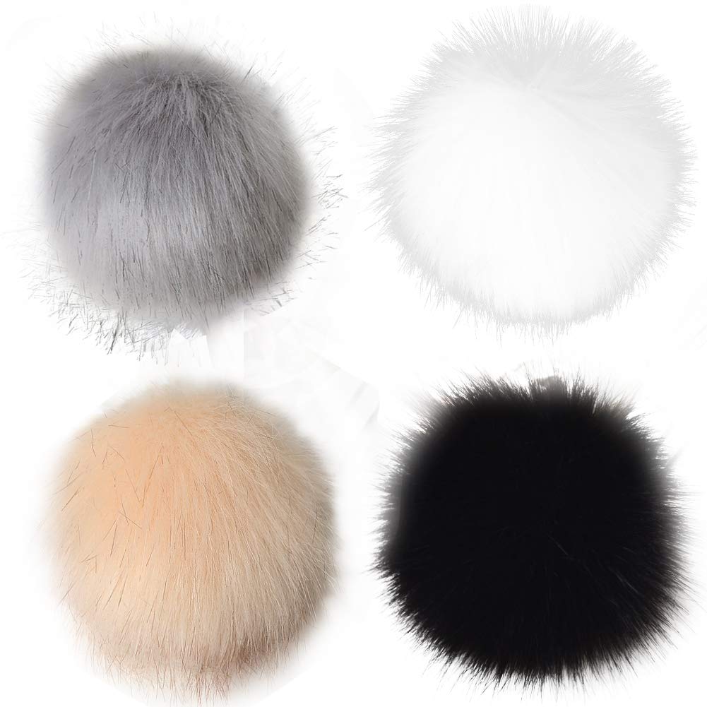 QincLing 4 PCS Fuax Fur Pom Pom, DIY Faux Fox Fur Ball Fluffy Pompoms For Hats Shoes Scarves Gloves Keychains Pompoms Bag Charms Knitting Accessories With Elastic Loop