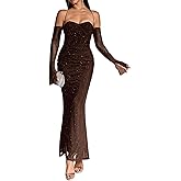 Parthea Women’s Sexy Sequin Sparkly Glitter Dresses Off Shoulder Long Sleeve Cocktail Evening Party Elegant Maxi Dress