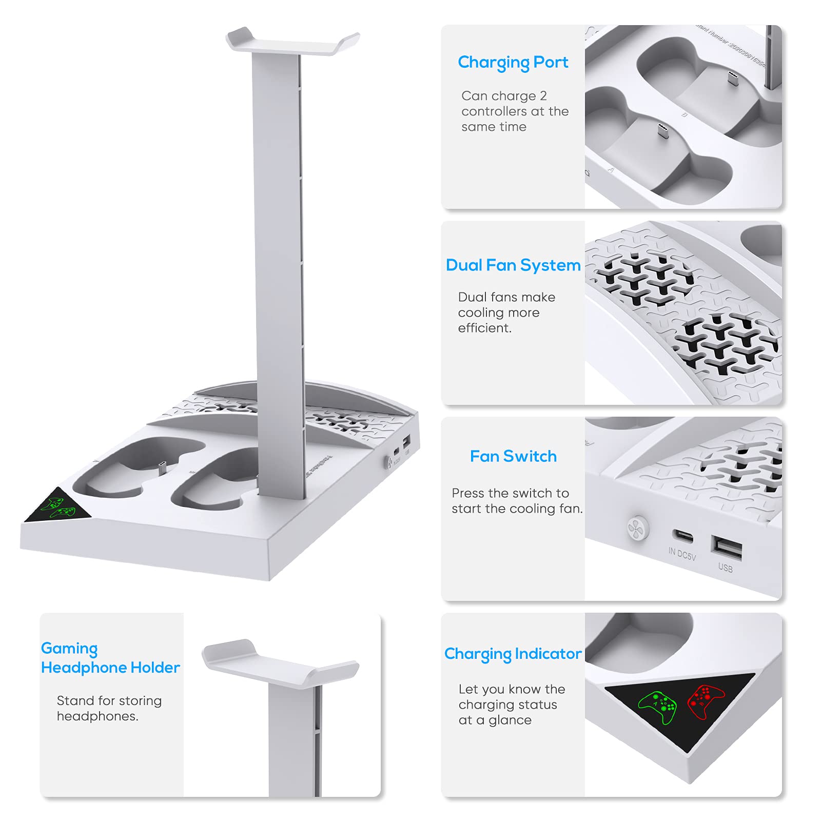 Charging Stand for Xbox Series S Console,Powerful Cooling Fan Dual Wireless Controller Charger Station Dock with 2 x 1400mAh Rechargeable Batteries Packs,Headset Holder for Xbox Series S,White