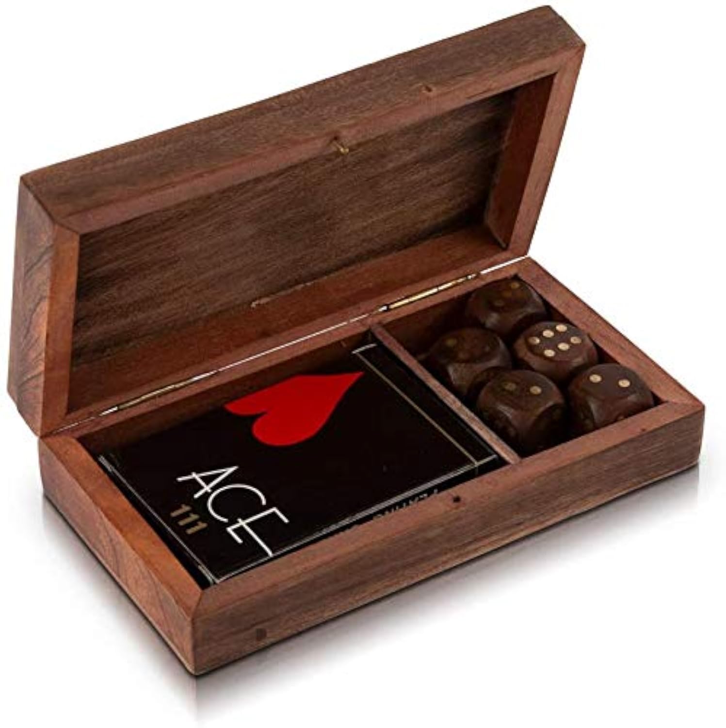 Unique Birthday Gift Ideas Handcrafted Classic Wooden Playing Card Holder Deck Box Storage Case Organizer With Dice & Single Pack of Premium Quality 'Ace' Playing Cards Gifts For Him Her