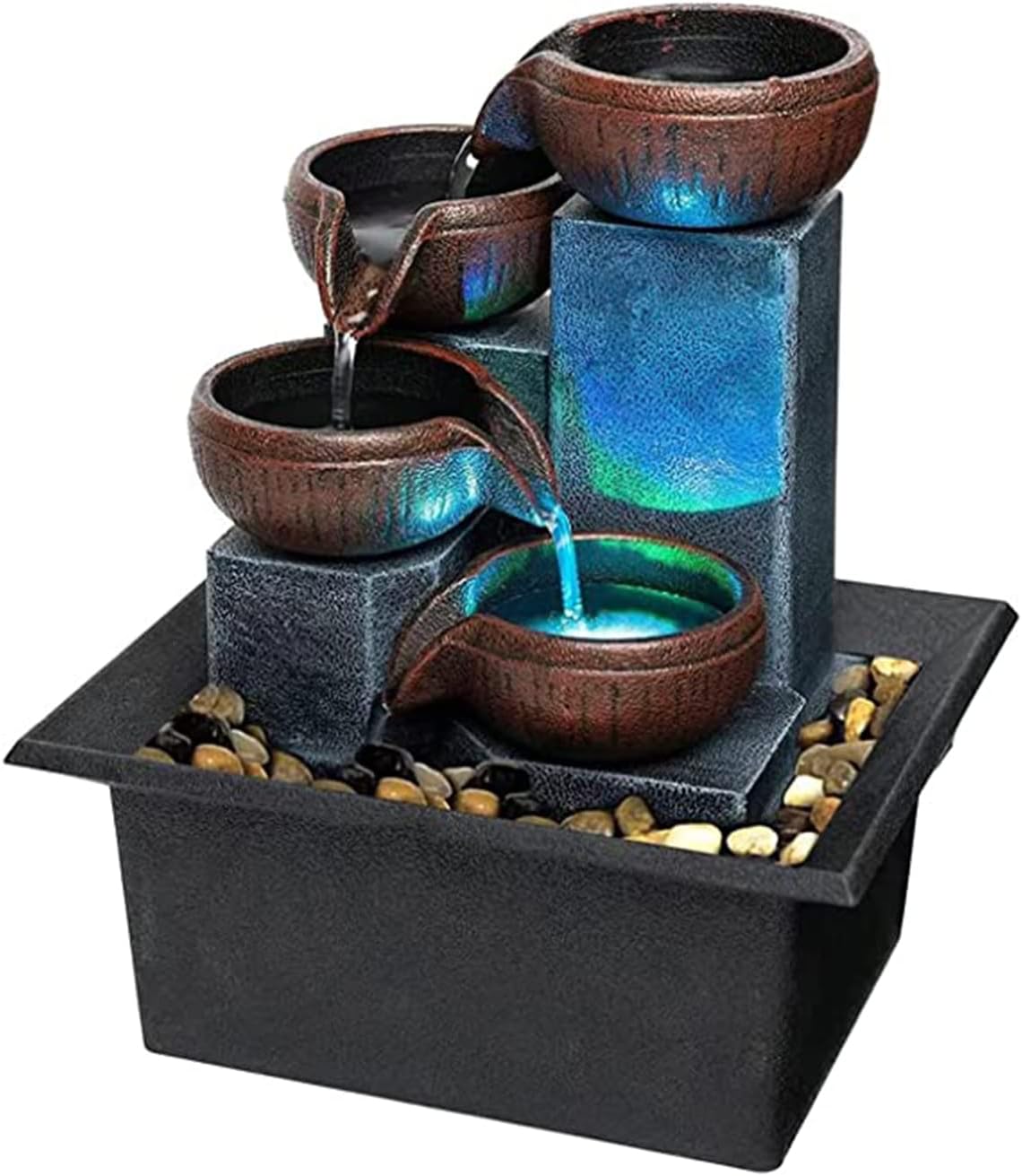 Indoor Fountains & Accessories - Small Tabletop Waterfall Fountain Zen Meditation Fountain Indoor Desktop Water Fountain with LED Light and Natural River Rocks for Office Home Bedroom