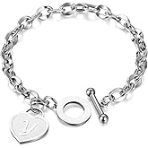 yipima Initial Heart Charm Bracelets for Women 14K gold/Silver Tone Stainless Steel OT Clasp Heart A-Z Letter Name Bangle Bracelet Gifts
