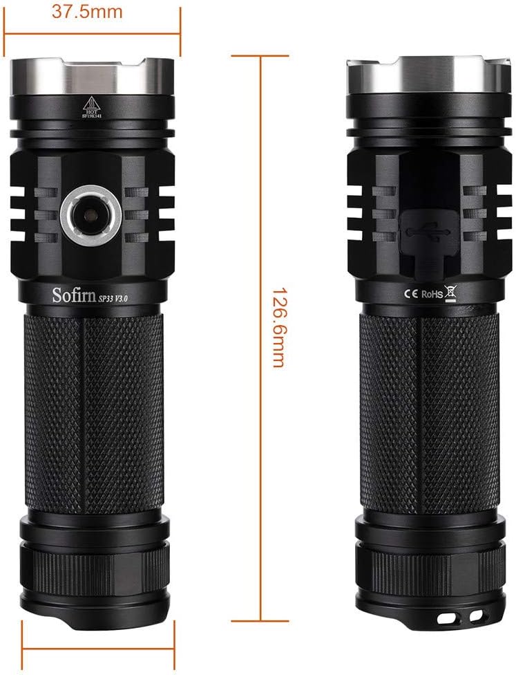 Sofirn SP33 V3 Rechargeable Led Flashlight, High lumen 3500lm Powerful Cree XHP50.2 Torch, 26650 battery and Type-c Cable Inserted - - 