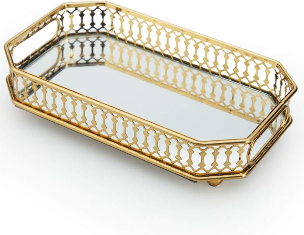Mirror Gold Tray, Vanity Perfume Tray with Rectangle Metal