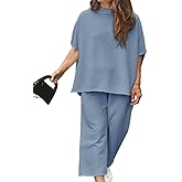 Beautife Women's Plus Size 2 Piece Outfits 3/4 Batwing Sleeve Capelet Crew Neck Pullover Top Wide Leg Pants Lounge Set