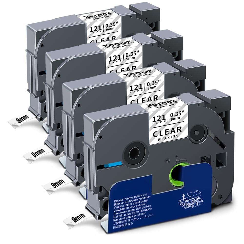 4X XemaX Compatible for Brother Label Printer Tape 9mm TZe-121 Ub-121 Black on Transparent Tape Cassette for Brother P-Touch Label Maker PT-E110 H100R H100C H105 H110 E550W 1010 E100 H108 1000