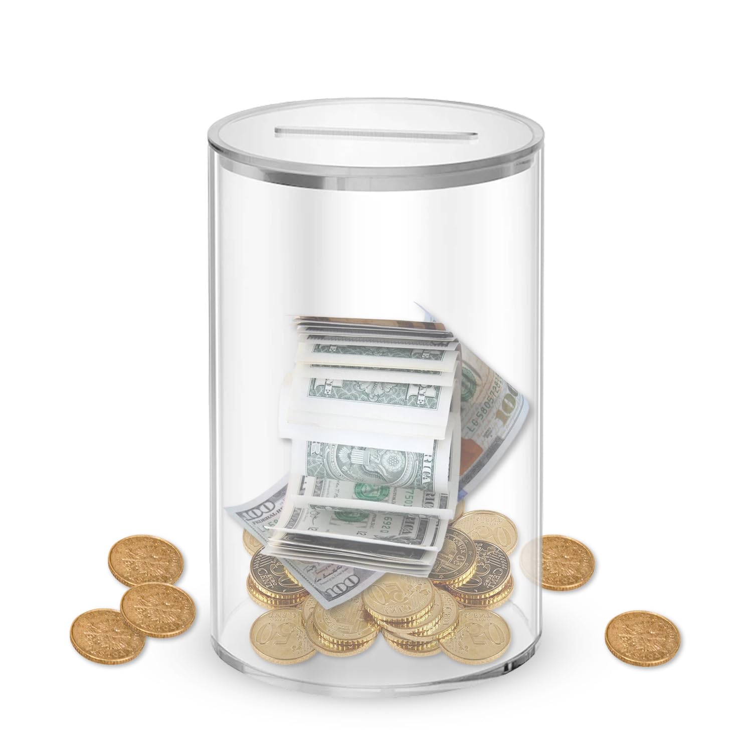 Money Box Acrylic Money Tin Transparent Money Savings Box with Lid Cylinder Clear Money Box Piggy Bank for Adults or Kids Money Saving Tin (Transparent lid)