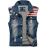Idopy Men`s American Flag Retro Ripped Denim Jeans Vest Sleeveless Jacket