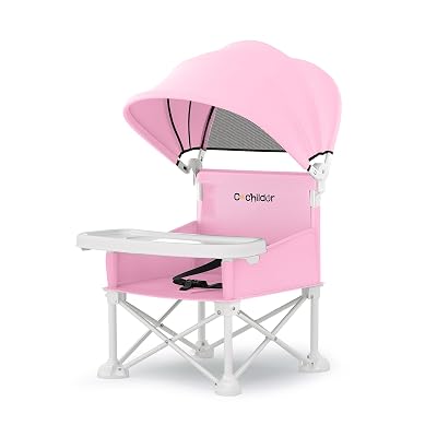 Cochildor 4-in-1 Portable Baby Chair, Foldable Toddler Booster Seat with Removable Tray, Canopy & Safety Harness, Pink