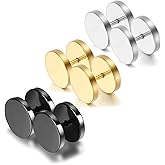 Cupimatch 3Pairs 3mm-12mm Screw Stud Earrings Mens Stainless Steel Cheater Fake Ear Plugs Gauges Illusion Tunnel, Black/Silver/Gold for Valentine's Day