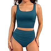 Women Two Piece Tankini Swimsuits - Crop Swim Top with High Waisted Bottom Tummy Control Bathing Suits Swimwear