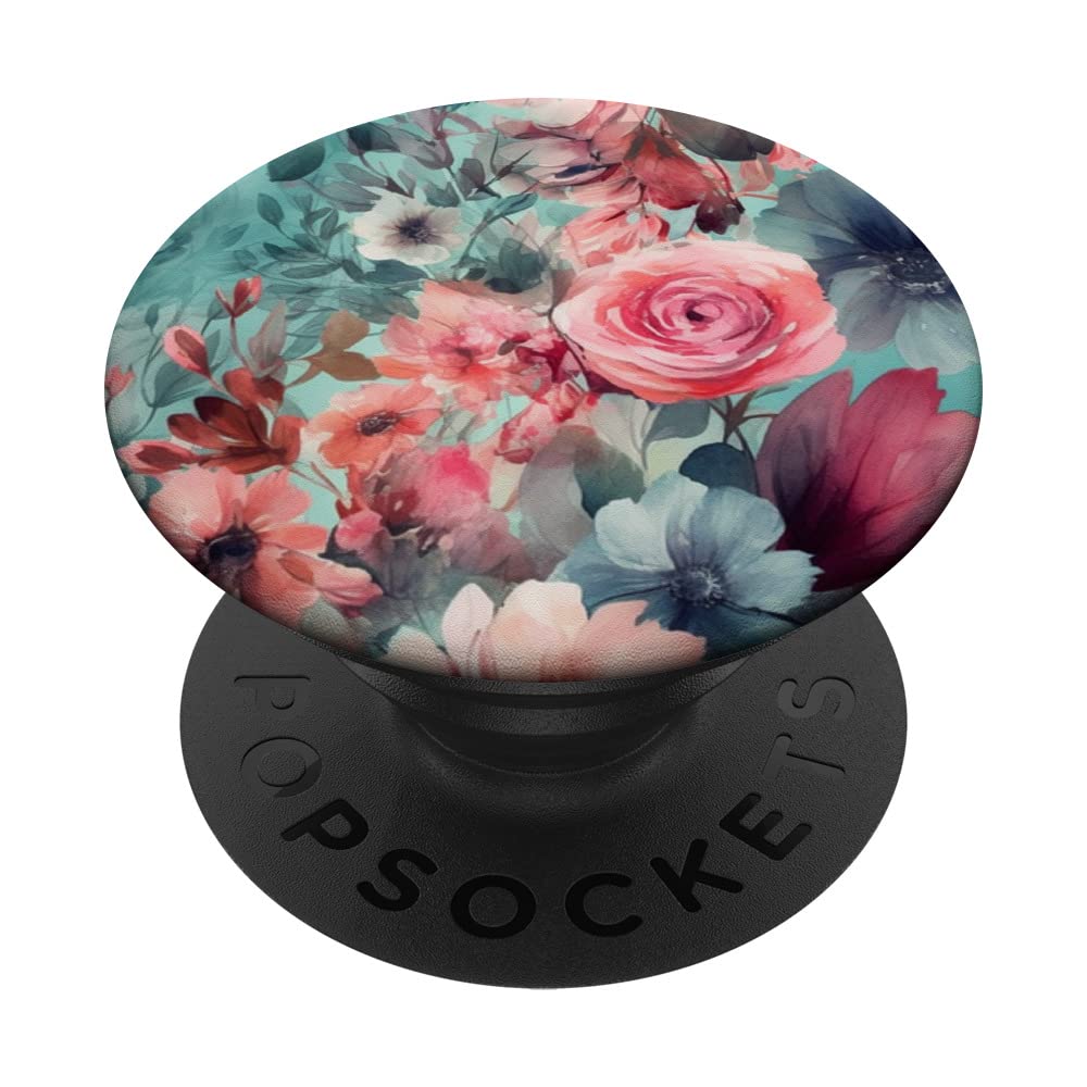 Romantic Pink Teal Watercolor Chic Floral Pattern PopSockets Adhesive PopGrip