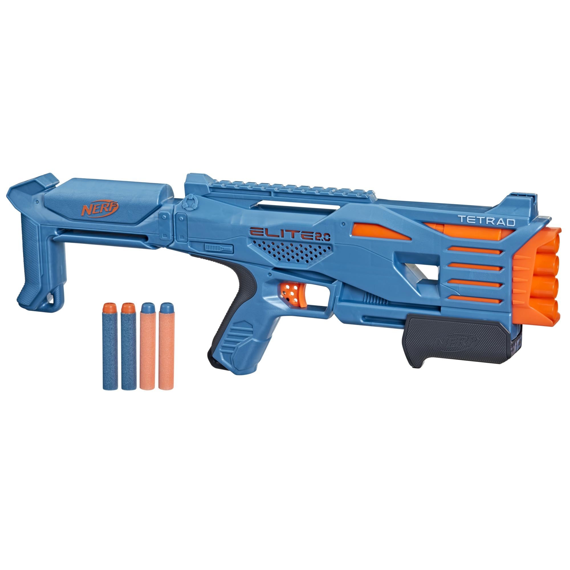 Nerf Elite 2.0 Tetrad QS-4 Blaster, Includes 4 Nerf Elite Darts, 4-Barrel Blasting, Tactical Rail for Customizing Capability, Pump Action