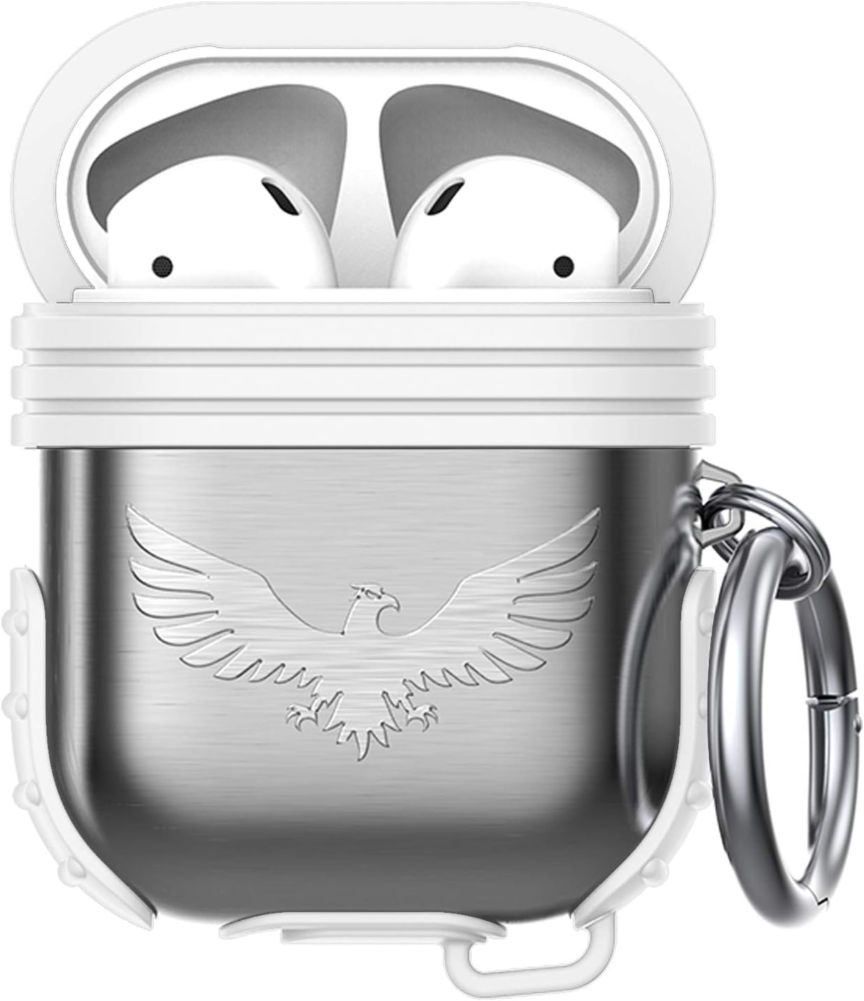 Lauzq Metal Airpods Case,Hard Case Cover Full Protective Skin Cover Shockproof Compatible Airpods 1&2 Charging Case(Not for Wireless Charging),Dual-Layer Silicone & Anti-Lost Keychain