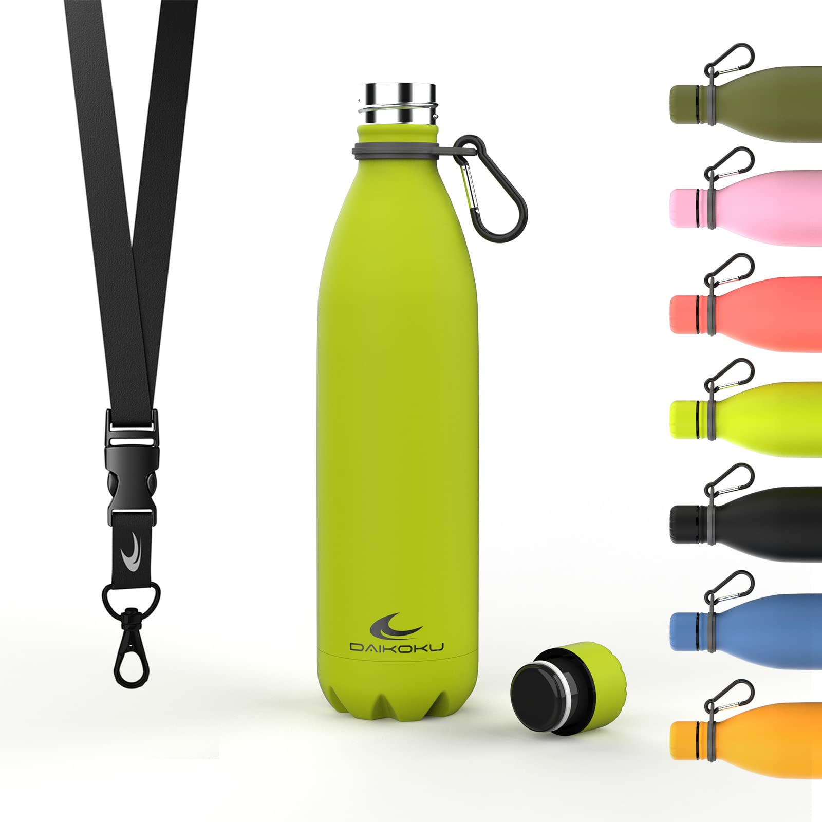 Daikoku Stainless Steel Bottle + Adjustable Strap + Carabiner, BPA Free Double Walled Thermos, Reusable Water Bottle, Airtight Cap, Colour Fluor Green, Capacity 750 ML