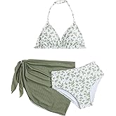 Milumia Girl's 3 Piece Bikni Set Ditsy Floral Halter Swimsuit with Cover Up Skirts