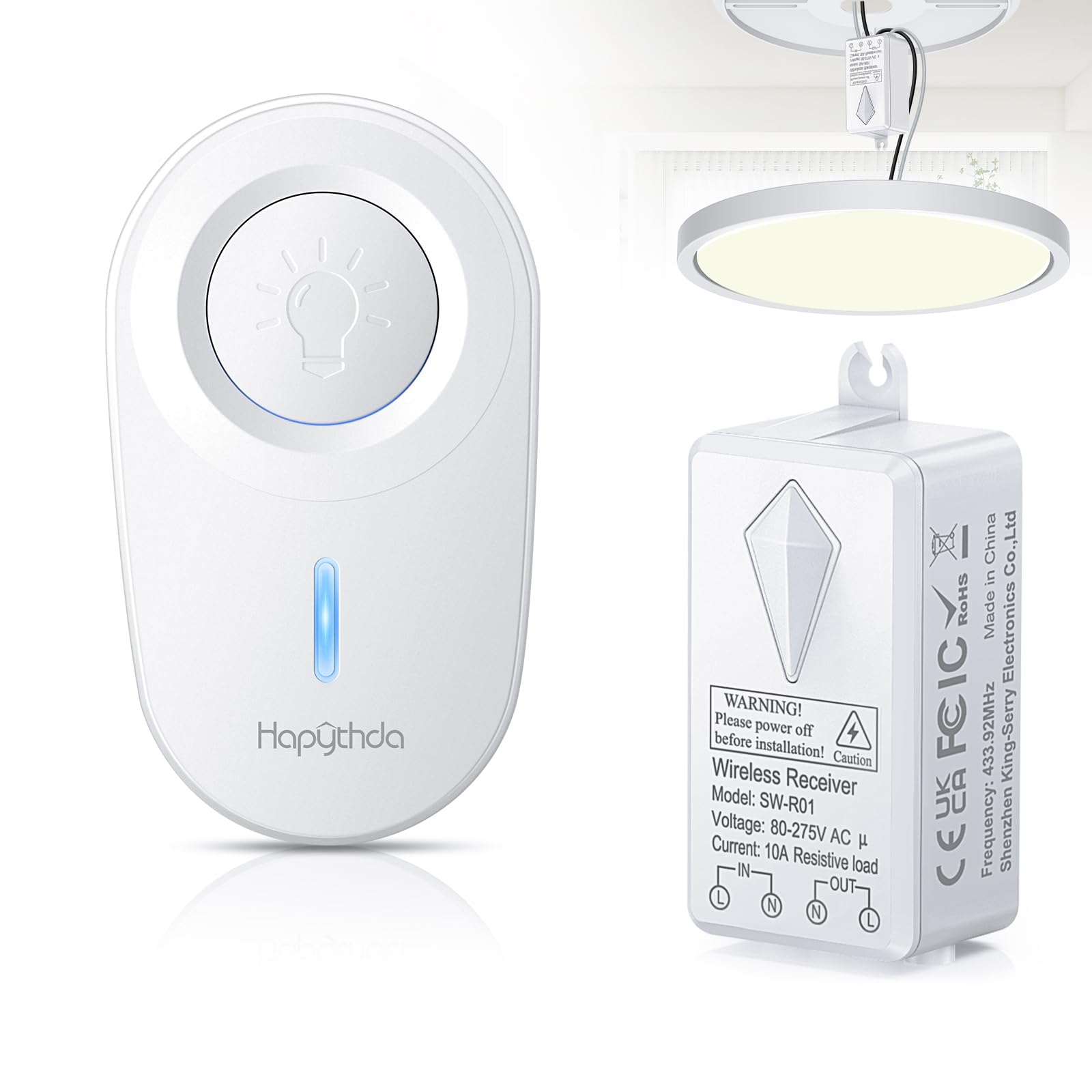 HAPYTHDA Wireless Light Switch, No in-Wall Wiring Required Remote Control Light Switch, Waterproof Wireless Switch Fixture for Led Light/Ceiling Lights/Fans, 1300ft RF Range, Programmable