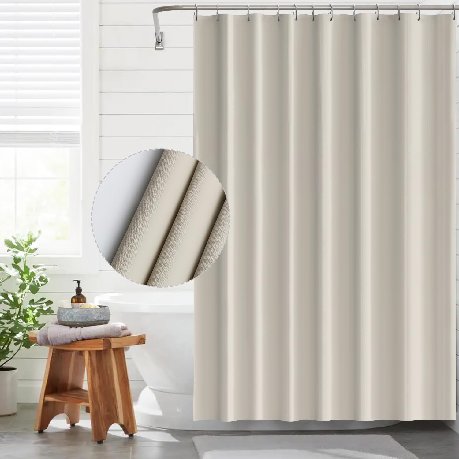 Funria EVA Shower Curtain Waterproof Bathroom Curtains with 12 Hooks for Wet Room Long Bath Curtains for Bathtubs and Shower Stall Beige Shower Curtains 180 x 180CM (71 x 71 Inch)