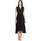 Maggy London Womens V-Neck Hi-lo Midi Dress with Gathered Waist and Ruffle Details