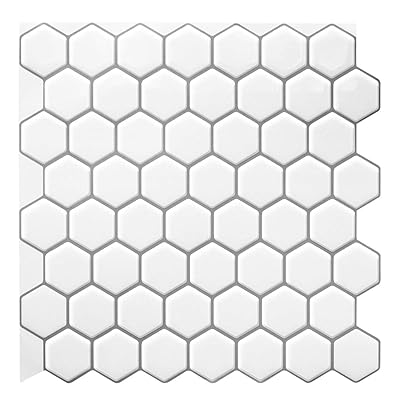 Decopus 3D Marble Hexagon Tile Backsplash Peel and Stick (Hexagon - Mono White 10pc/Pack) for Kitchen &amp; Bathroom Self Adhesive Vinyl Tile Honeycomb Smart Tile with Marble Printing