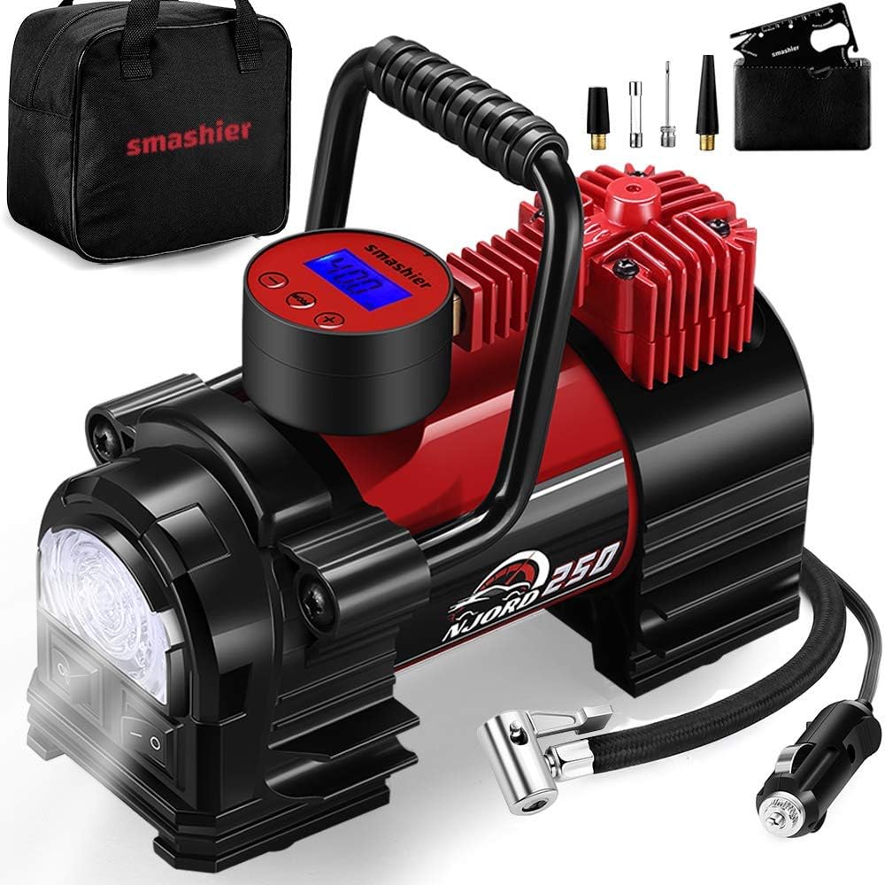 Portable Air Compressor Tire Inflator - 12V DC Heavy Duty Digital Pump with 9 LED Light for Car/Motorcycle/Air Matress, 3.7M Extended Cord Upgraded Quick Connector,Fast Inflation,Multitool Incl: Automotive